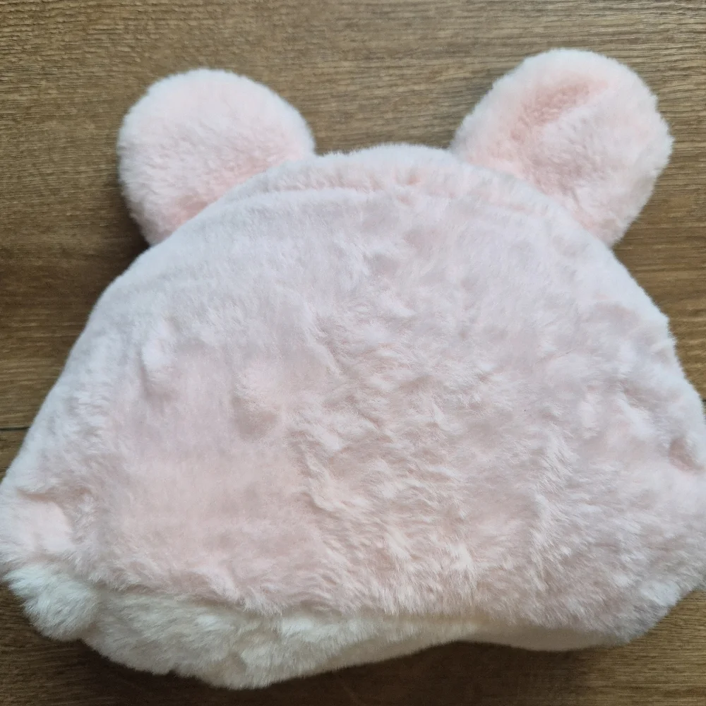 Pink White Plush Bear Hat Scarf Mittens 3 in 1 Hooded Pocket Scarf OS One Size